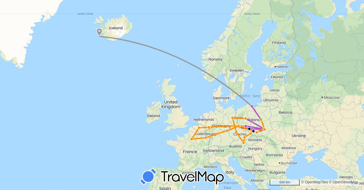 TravelMap itinerary: driving, plane, train, hitchhiking in Austria, Belgium, Czech Republic, Germany, France, Iceland, Poland (Europe)